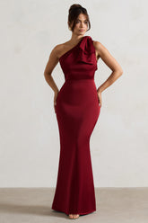Berry Satin One Shoulder Maxi Dress With Bow